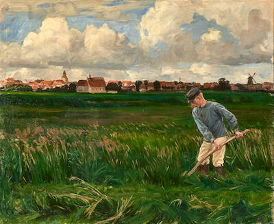 Peter Hansen: A young harvest worker in the field. Signed P. H. Oil on canvas. 72 x 86 cm. A young harvest worker in the field. In the background Faaborg, Funen. Signed P. H. Oil on canvas. 72 x 86 cm.