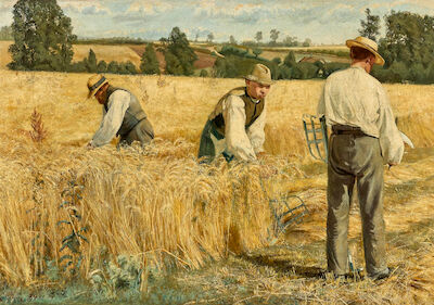 L. A. Ring: Landscape in Sunlight. Signed L.A. Ring 84. Oil on canvas. 64 x 95 cm. "Landskab i sol med fremherskende Staffage. Raagelunde. To Høstfolk hugge Korn, en tredie hvæsser sin Le". Landscape in sunlight with prominent staffage. Raagelunde. Two harvest workers cutting grain, a third sharpeni
