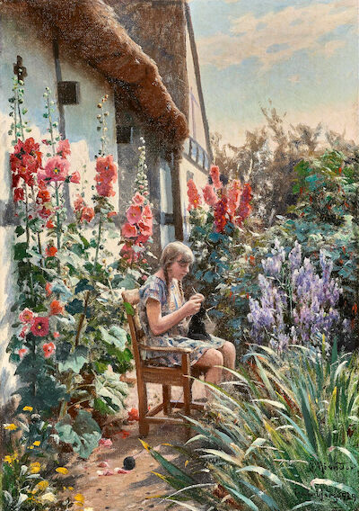 Peder Mønsted: A girl knitting in the garden of a farmhouse with hollyhocks. Signed and dated. Oil on canvas. 35 x 50 cm. A girl knitting in the garden of a farmhouse with hollyhocks. Signed and dated P. Mønsted Tranebjerg 1929. Oil on canvas. 35 x 50 cm.