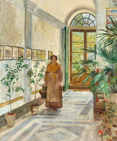 Anna Petersen: Vestibule with a South European Woman. Signed A. P. 91. Oil on canvas. 69.5 x 58 cm. Vestibule with a South European woman watering flowers. Signed and dated A. P. 91. Oil on canvas. 69.5 x 58 cm.
