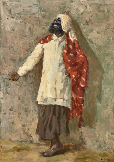 Hugo V. Pedersen: Storyteller. Beggar from the Sikh Tribe. Signed Hugo V. P. Oil on canvas. 67 x 39 cm. "Eventyrfortæller. Tigger af Sihkstamme". Storyteller. Beggar from the Sikh tribe. Signed Hugo V. P. Oil on canvas. 67 x 39 cm.