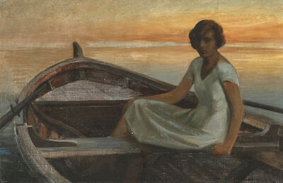 Harald Slott-Møller: A young woman sitting in a rowing boat at sunset. Signed Harald Slott-Møller. Oil on canvas. 46 x 68 cm. Young woman sitting in a rowing boat at sunset. Signed Harald Slott-Møller. Oil on canvas. 46 x 68 cm.