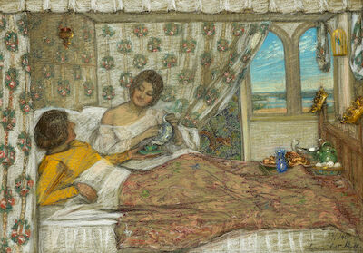 Agnes Slott-Møller: The Majesties' Breakfast. Signed and dated Agnes Slott-Møller 22/11 1901. Pastel on paper. 37 x 51 cm. "Majestæternes Morgenmaaltid". The Majesties' breakfast. King Valdemar the Victoriuous and Queen Bengerd in bed. Signed and dated Agnes Slott-Møller 22/11 1901. Pastel on paper 