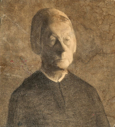 Vilhelm Hammershøi: An elderly woman wearing a white bonnet. Unsigned. Charcoal and pencil on paper. 30.5 x 28 cm. An elderly woman wearing a white bonnet. Unsigned. Charcoal and pencil on paper mounted on paper. Sheet size 30.5 x 28 cm.