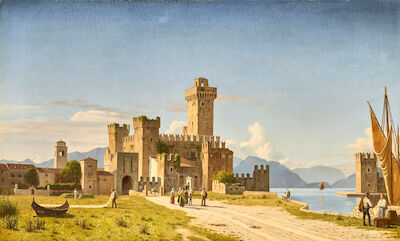 Peter Kornbeck: "Sermione at Lake Garda". Signed P. Kornbeck 1876. Oil on canvas. 75 x 122 cm. "Sermione at Lake Garda". View of the fortress Rocca Scaligera in Sirmione at Lake Garda. Signed and dated P. Kornbeck 1876. Oil on canvas. 75 x 122 cm.