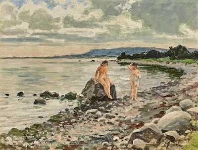 Paul Fischer: Two young women on the beach. Signed Paul Fischer. Oil on panel. 25 x 33 cm. Two young women on the beach, presumably Båstad. Signed Paul Fischer. Oil on panel. 25 x 33 cm.