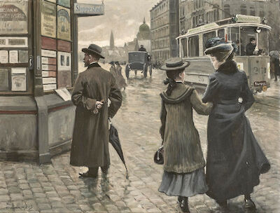 Paul Fischer: A busy day at the old tram station at Øster Farigmagsgade. Signed and dated. Oil on cardboard. 35 x 46 cm. A busy day at the old tram station at Øster Farigmagsgade at Kommunehospitalet (the Municipal Hospital) in Copenhagen. Signed and dated Paul Fischer 1903. Oil on cardboard. 35 x 4