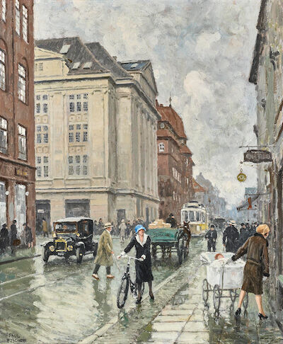 Paul Fischer: A Busy Day on Gothersgade. Signed Paul Fischer. Oil on panel. 40 x 33 cm. A busy day on Gothersgade, Copenhagen. The distinctive sand-coloured building on the corner of Møntergade and Gothersgade is Møntergården, with the large building of the Municipal Lighting Authority (Belysningsvæ