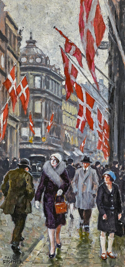 Paul Fischer: View from the old pharmacy on Østergade, Copenhagen. Signed. Oil on panel. 35.5 x 17 cm. View from the old pharmacy on Østergade, Copenhagen, which is adorned with Danish national flags on the occasion of Christian X's birthday on 26 September. Signed Paul Fischer. Oil on panel. 35.5 x