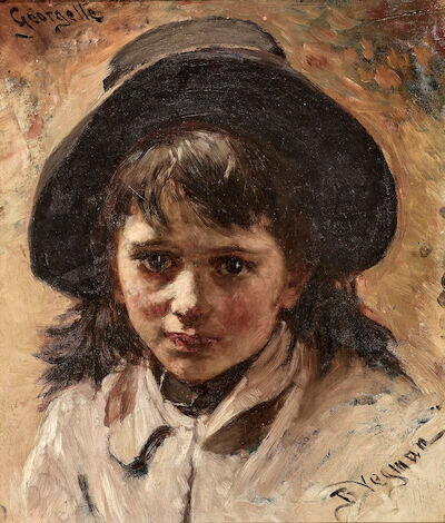 Bertha Wegmann: "Georgette". Portrait of a Young Girl. Signed B. Vegman. Oil on canvas. 43 x 37.5 cm. "Georgette". Portrait of a young girl with a black hat. Signed B. Vegman. Oil on canvas laid on panel. 43 x 37.5 cm.