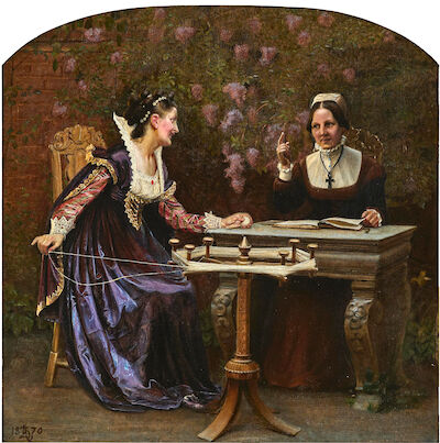 Kristian Zahrtmann: Roselil and her mother. Signed with monogram and dated 1870. Oil on canvas. 64 x 62 cm. "Genrebillede. Roselill og hendes moder. I midten af billedet et bord. Til venstre Roselil i profil fra højre ved en garnvinde. Hun ser leende over mod moderen, der sidder bag bordet og advare