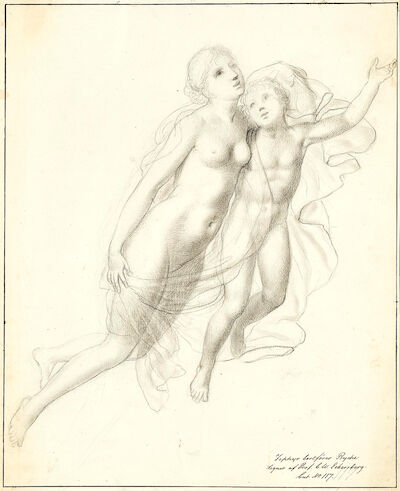 C. W. Eckersberg: Zephyr abducting Psyche. 1807-1809. Unsigned. Black chalk and wash on paper. 38.7 x 30.5 cm. "Zephyr bortfører Psyche". Zephyr abducting Psyche. Verso a figure composition. 1807-1809. Unsigned. Inscribed "Zephyr bortfører Psyche, tegnet af Prof. C. W. Eckersberg. Cat. No. 117". Bla