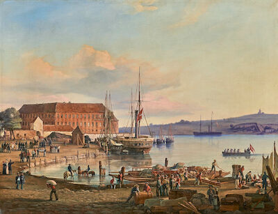 Frederik Theodor Kloss: Street life at the harbour in Sønderborg. Signed T. Kloss 1855. Oil on canvas. 55 x 75 cm. Street life at the harbour in Sønderborg, with Sønderborg Castle visible to the left and Dybbøl Mill in the distance to the right. Signed and dated T. Kloss 1855. Oil on canvas. 55 x 75