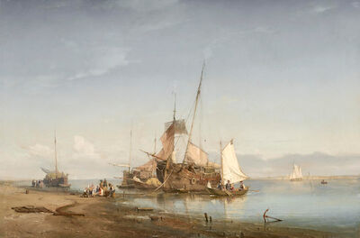 C. F. Sørensen: Fishing wessels on the beach at Samsø. C. 1847-49. Signed. Oil on canvas. 70 x 110 cm. "Fiskekuttere ved stranden på Samsø med udsigt til Tunø". Fishing wessels on the beach at Samsø with a view towards Tunø. C. 1847-49. Signed C.F. Sørensen. Oil on canvas. 70 x 110 cm.
