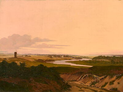 Thorald Læssøe: View from Arresø, North Zealand. 1838. Unsigned. Oil on canvas. 44 x 59 cm. "Ved Arresø". View towards Arresø with Kregme Church in the background. 1838. Unsigned. Inscribed on the stretcher. Oil on canvas. 44 x 59 cm.