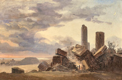 Fritz Petzholdt: View from the ruins of Selinunte. Unsigned. Inscribed. Oil on paper laid on canvas. 21.5 x 33 cm. "Ruiner af Selinunt". View from the ruins of Selinunte. Unsigned. Inscribed on the reverse 'Ruiner af Selinunt af Fr. Petzholdt tilhører (belongs to) G. Collin'. Oil on paper laid on ca