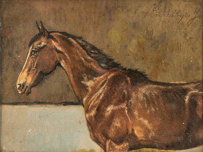 Johan Thomas Lundbye: A study of a brown horse. Signed Lundbye Juu[...]. C. 1836. Oil on paper. 11 x 16 cm. "Ufuldført Studie af en staaende, brun Hest". A study of a brown horse. Signed Lundbye Juu[...]. C. 1836. Oil on paper laid on cardboard. Visible size 11 x 16 cm.