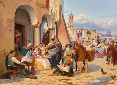 Jørgen Sonne: Carnival in Rome. Signed and dated I. Sonne Rom 1840. Oil on canvas. 68 x 92 cm. Carnival in Rome. St. Peter's Basilica in the background. Signed and dated I. Sonne Rom 1840. Oil on canvas. 68 x 92 cm.
