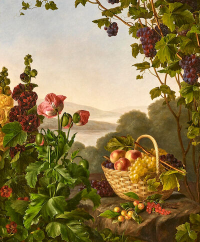 Hanne Hellesen: Still life with fruit and flowers. Signed and dated Hanne Hellesen 1840. Oil on canvas. 95 x 79 cm. Basket with peaches, grapes, cherries and redcurrants on a stone. To the left hollyhocks and poppies. Landscape in the background. Signed and dated Hanne Hellesen 1840. 95 x 79 cm. Oil