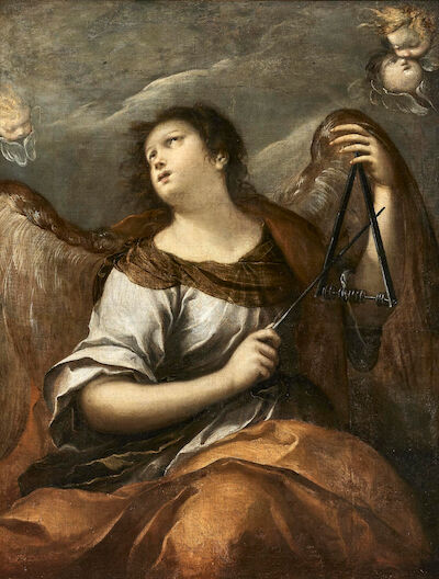North Italian School, 17th century: An Angel with a Triangle. Unsigned. Oil on canvas. 138 x 108 cm. An angel with a triangle. Unsigned. Oil on canvas. 138 x 108 cm.