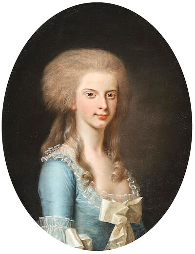 Jens Juel: Elisabeth Henriette Sophie Bernstorff (1770-1807). Signed Juel pinx. 1786. Oil on canvas. Oval. 70 x 55 cm. Portrait of Elisabeth Henriette Sophie Bernstorff, née Blücher (1770-1807), married in 1786 to Count Joachim Bernstorff (1771-1835). She is depicted in a pale blue dress with white 