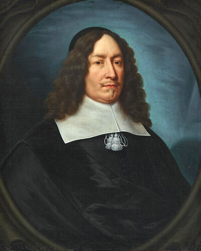 Cornelis Janssens van Ceulen: A pair of portraits of a married couple. Signed. Oil on canvas. Each 74 x 60 cm. (2). A pair of portraits of a married couple. He wears a black jacket with a large white collar and long wavy hair and black cap. She wears a black dress edged with white and a white shirt 