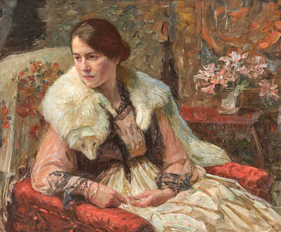 Laurits Tuxen: Portrait of the artist's daughter. Nina (1898-1982). Signed and dated. Oil on canvas. 73 × 88 cm. "Nina, 19 år". Nina, 19 years old. Portrait of the artist's daughter. Signed and dated L. Tuxen 1917. Oil on canvas. 73 × 88 cm.