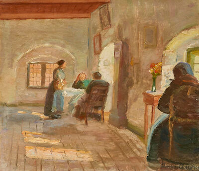 Anna Ancher: Interior with light reflections. Signed Anna Ancher. Oil on canvas. 39 x 46 cm. Interior with light reflections. Four women are occupied with their needlework. Signed Anna Ancher. Oil on canvas. 39 × 46 cm.
