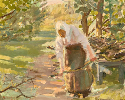 Anna Ancher: A woman gathering firewood on a sunny path. Signed and dated 1911. Oil on canvas. 30 x 37 cm. A woman gathering firewood on a sunny path. Signed and dated A. Ancher 1911. Oil on canvas. 30 x 37 cm.