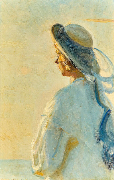 Michael Ancher: Portrait of a young girl, Skagen. Signed and dated M. A. 14. Oil on canvas. 35 x 24 cm. Portrait of a young girl in a light summer dress and straw hat with a blue ribbon, gazing out over the sea. Skagen. Signed and dated M. A. 14. Oil on canvas. 35 x 24 cm.