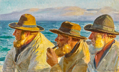 Michael Ancher: Three fishermen on Skagen beach. Evening sun. Signed and dated. Oil on canvas. 61 x 100 cm. Three fishermen on Skagen beach. Evening sun. Signed and dated M. Ancher 93. Oil on canvas. 61 x 100 cm.