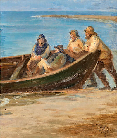 P. S. Krøyer: Fishermen by a boat at Skagen Nordstrand. Study. Signed and dated. Oil on panel. 32 x 28 cm. Fishermen by a boat at Skagen Nordstrand. Study. Signed and dated S.K. Skagen 92. Oil on panel. 32 x 28 cm.
