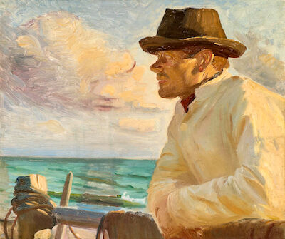 Michael Ancher: The fisherman Christoffer on the beach. Signed M. A. Oil on canvas. 51 × 60 cm. The fisherman Christoffer on the beach at Skagen in sunlight. Signed M. A. Oil on canvas. 51 × 60 cm.