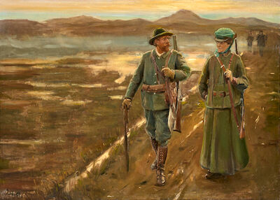 Michael Ancher: P.S. Krøyer and Henny Brodersen returning home from a day's hunting at Skagen. Signed M.A. Oil on canvas. 79 x 110 cm. P.S. Krøyer (1851-1909) and Henny Brodersen (1868-1960) returning home from a day's hunting at Skagen. Signed M. A. Oil on canvas. 79 x 110 cm.