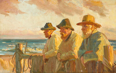 Michael Ancher: Three Skagen fishermen in the evening sun. Signed and dated. Oil on panel. 38 x 59 cm. Three Skagen fishermen in the evening sun. Signed and dated M. A. 1901. Oil on panel. 38 x 59 cm.