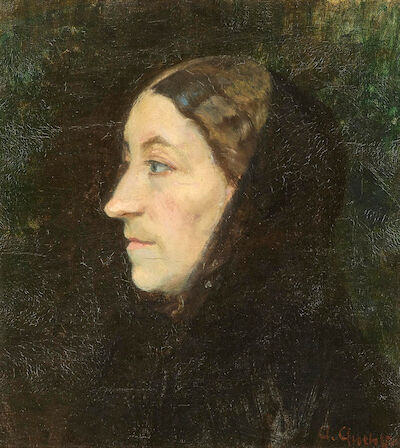 Anna Ancher: Portrait of Ane Raadsig (1856-1943) in profile. C. 1895. Signed A. Ancher. Oil on canvas. 39 × 36 cm. Portrait of Ane Raadsig (1856-1943) in profile. C. 1895. Signed A. Ancher. Oil on canvas. 39 × 36 cm.