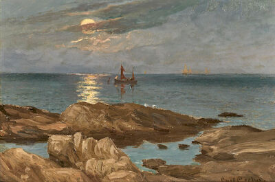 Carl Locher: Summer evening by moonlight over the coast at Christiansø. 1905. Signed Carl Locher. Oil on canvas. 35 x 51 cm. Summer evening by moonlight over the coast at Christiansø. 1905. Signed Carl Locher. Oil on canvas. 35 x 51 cm.