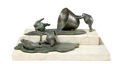 Keld Moseholm: Scene with Falling Figures. Signed KMJ (engraved on marble base). Unique. Patinated bronze on marble base. 25 x 27 x 16 cm. Scene with falling figures, 1980s. Signed KMJ (engraved on marble base). Unique. Patinated bronze on marble base. 25 x 27 x 16 cm.