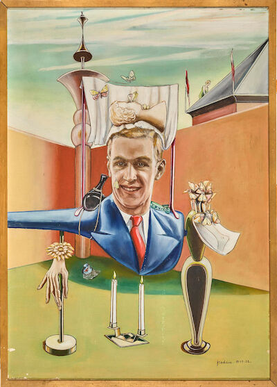 Wilhelm Freddie: Surrealistic composition. Signed Freddie 1937-38. Oil on canvas. 79 x 56 cm. Surrealistic composition. Signed Freddie 1937-38. Oil on canvas. 79 x 56 cm.