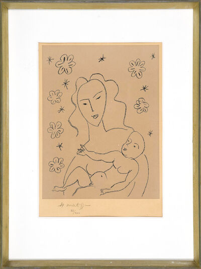 Henri Matisse: "Vierge et Enfant sur fond de fleurs et d'étoiles", 1951. Signed H. Matisse, 85/200. Lithograph. Visible size 49 x 38 cm. "Vierge et Enfant sur fond de fleurs et d'étoiles", 1951. Signed H. Matisse, 85/200. Lithograph. Visible size 49 x 38 cm.