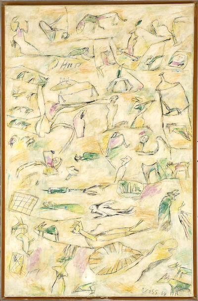 Jan Voss: "L'Ange-Gardien Surmene". Signed Voss 64; signed, titled and dated on the reverse. Oil on canvas. 101 x 65 cm. "L'Ange-Gardien Surmene" (The Guardian Angel overwork). Signed Voss 64; signed, titled and dated on the reverse. Oil on canvas. 101 x 65 cm.