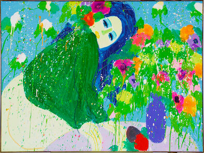 Walasse Ting: "Bonjour Monsieur", 1976. Signed, titled and dated on the reverse. Acrylic on canvas. 106 x 147 cm. "Bonjour Monsieur", 1976. Signed, titled and dated on the reverse. Acrylic on canvas. 106 x 147 cm.