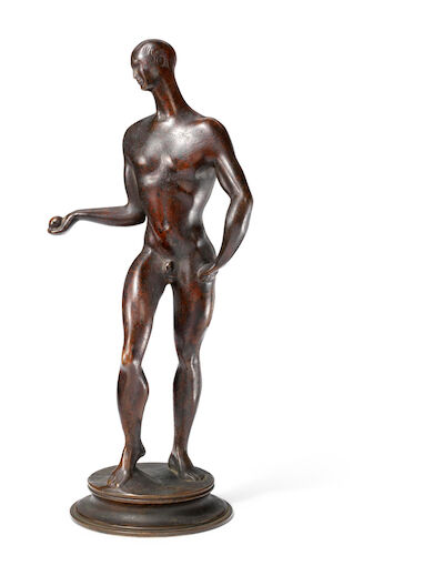 Johannes C. Bjerg: "Paris med æblet". Signed Bjerg 1915. Bronze. H. 21 cm. "Paris med æblet" (Paris with apple). Signed Bjerg 1915. Listed as (produced in 5 copies), but it is not known how many were actually produced. Rare specimen. Bronze. H. 21 cm.