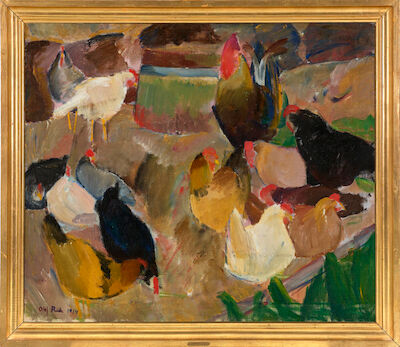 Olaf Rude: Composition with chickens. Signed Olaf Rude 1914. Oil on canvas. 90 x 104 cm. Composition with chickens. Signed Olaf Rude 1914. Oil on canvas. 90 x 104 cm.
