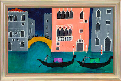 Hans Scherfig: "Illustration til Scherfig egen novelle Matella Mysterie". Signed Scherfig 1969. Tempera and mixed media on masonite. 39 x 61 cm. "Illustration til Scherfig egen novelle Matella Mysteriet" (Illustration to Scherfig's own short story Matella Mysteriet). Signed Scherfig 1969. Tempera an
