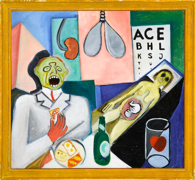 Hans Scherfig: "Lægens frokost", 1936. Signed and dated on the reverse. Oil on canvas. 99 x 109 cm. "Lægens frokost" (The Doctor's lunch), 1936. Signed and dated on the reverse (not visible due to relining of the canvas). Oil on canvas. 99 x 109 cm.