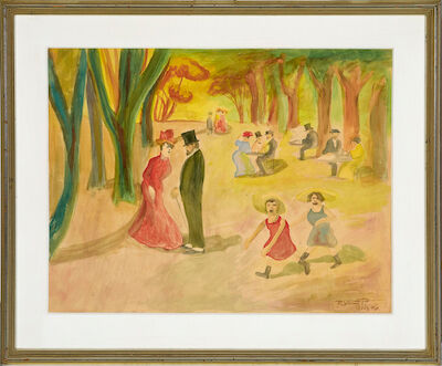 Robert Storm Petersen: Street life in a park. Signed R. Storm P. Paris 06. Watercolour on paper. Visible size 44 x 58 cm. Street life in a park. Signed R. Storm P. Paris 06. Watercolour on paper. Visible size 44 x 58 cm.
