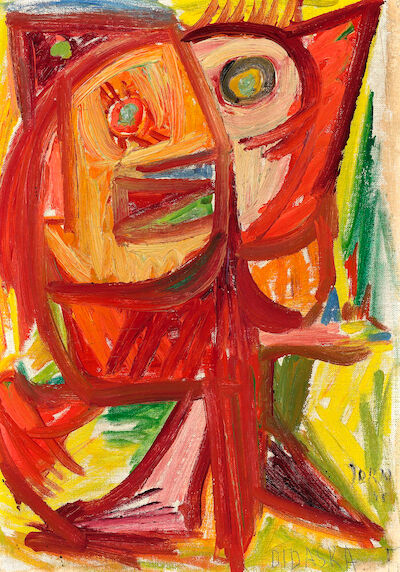 Asger Jorn: "Didaska. III", 1945. Signed Jorn 45 Didaska; signed and dated on the reverse. Oil on canvas. 43 x 31 cm. "Didaska. III", 1945. Signed Jorn 45 Didaska; signed and dated on the reverse. Oil on canvas. 43 x 31 cm.