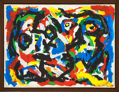 Karel Appel: "Dansende sjæle". Signed Appel 87. Acrylic and gouache on paper laid down on canvas. 76 x 101 cm. "Dansende sjæle" (Dancing souls). Signed Appel 87. Acrylic and gouache on paper laid down on canvas. 76 x 101 cm.