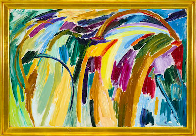Else Alfelt: "Broen - Kløften", Lapland 1946. Signed Else Alfelt 46; signed, titled and dated on the reverse. Oil on wooden board. 85 x 127 cm. "Broen - Kløften" (The Bridge - The Gorge), Lapland 1946. Signed Else Alfelt 46; signed, titled and dated on the reverse. Oil on wooden board. 85 x 127 cm.